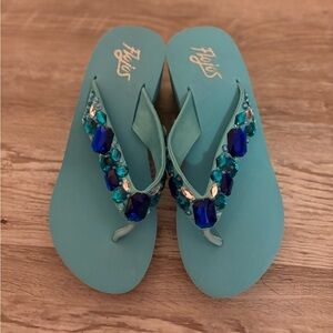 Flojos Women's Blue Thong Sandals Beaded Accent Slip On Casual Summer